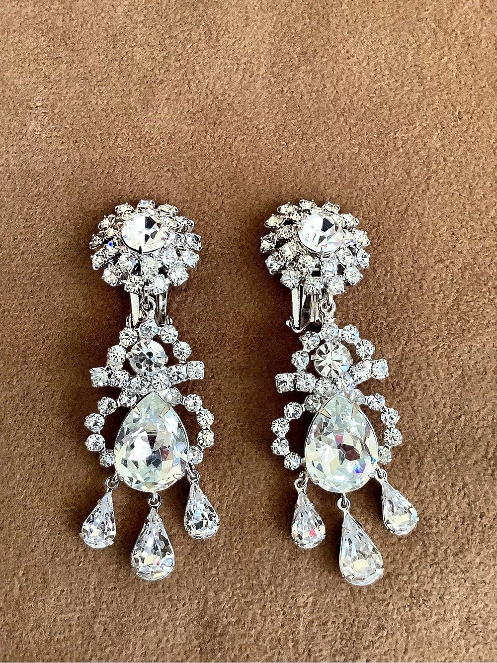 Crystal Drop Clip On Earrings in Silver Like New